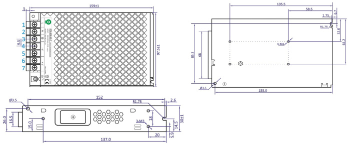 Rysunek techniczny zasilacza POS-150-5-C2 marki POS POWER